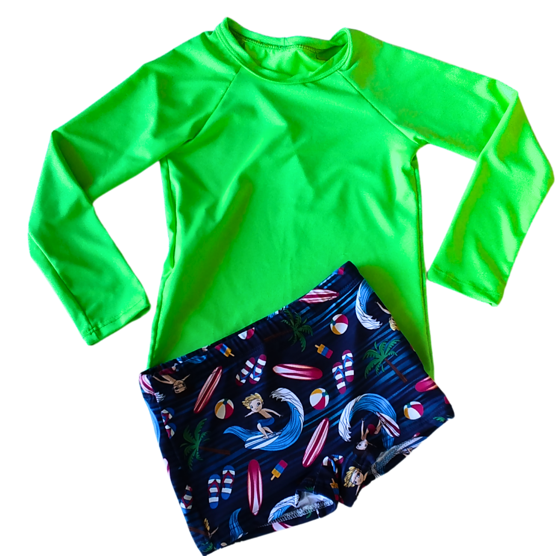 Conjunto de Proteção UV com Camisa de Manga Longa Verde Neon e Sunga Boxer Estampa Surfista